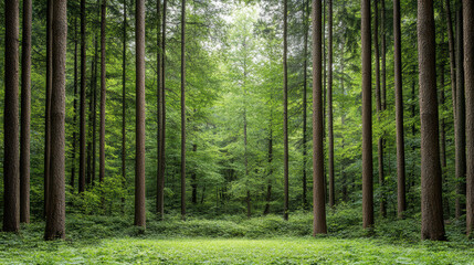 Deep green forest ambiance framed with tall pine tree trunks, serene light filtering through
