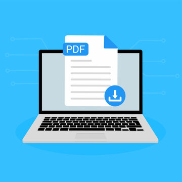 PDF File Download on Laptop. PDF document appearing on a laptop screen with a download icon.