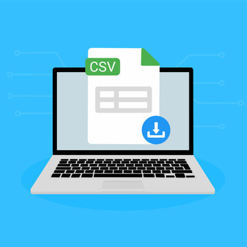 CSV File Download on Laptop. CSV document appearing on a laptop screen with a download icon.