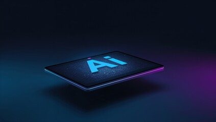 Floating tablet displaying cyan AI on dark circuit grid in studio gradient, neon cyan magenta rim
