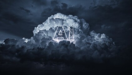Glowing central cumulonimbus cloud pulsing across night sky, showing AI letters and lightning arcs