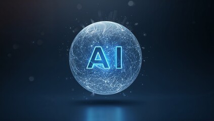 Glowing wireframe globe hovering in dark studio space, revealing illuminated AI logo, nodes