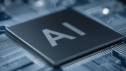 Focusing chip labeled AI resting on blue PCB, showing solder pads, traces, specular highlights
