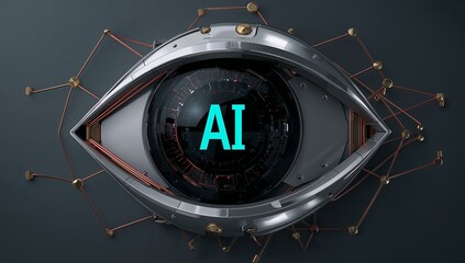 Rotating futuristic metal eye assembly sitting in studio, showing cyan AI lens and copper network
