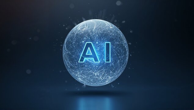 Glowing wireframe globe hovering in dark studio space, revealing illuminated AI logo, nodes