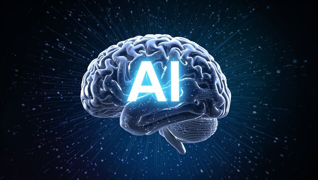 Floating stylized brain model emitting radial light rays in navy data field, with glowing AI label