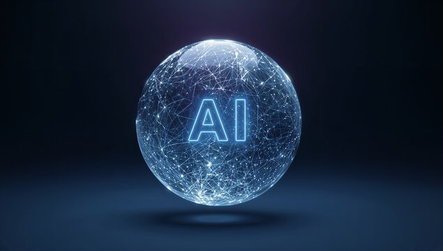 Floating glowing network sphere above reflective floor in tech studio, with neon AI lettering