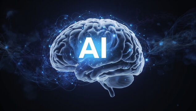 Floating luminous 3D brain model pulsing with AI text overlay in dark cosmic space, glowing nodes