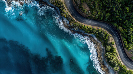 aerial view of winding forest road in green nature