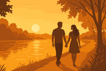 Riverside Romance at Sunset. Romantic riverside scene with a couple walking hand-in-hand at sunset, warm golden vector