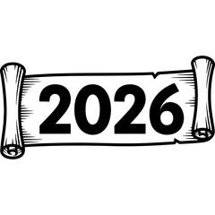 Vintage Woodcut Style 2026 Vector on Ancient Scroll Banner, New Year Celebration Design Element