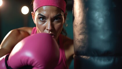 Woman with pink gloves aims punch at boxing bag in gym. Focused fighter trains hard for competition. Sweat glistens on skin, showing her intense workout.