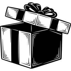 Woodcut style vector illustration of an open gift box with ribbon, ideal for New Year 2026 celebrations and festive designs.