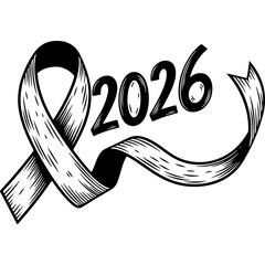 Woodcut Style Vector Ribbon with 2026 for New Year Celebration. Engraved Design Element for Future Events and Vintage Theme.