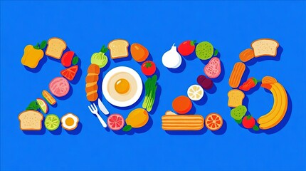 Obraz premium Playful Breakfast Food Arrangement Forming 2026 With Bread Eggs Fruit Vegetables Cheese And Utensils On Blue Background, Breakfast Food Illustration