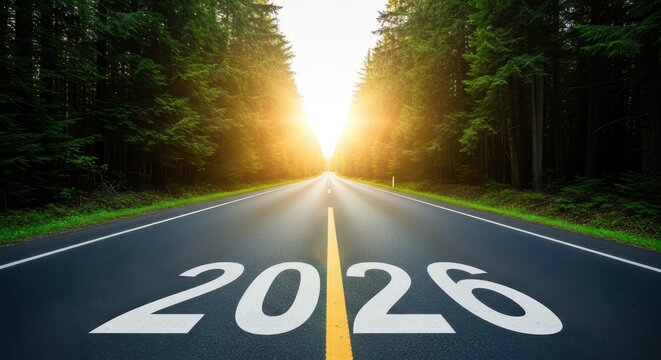 Road to 2026 path forward with forest and bright sunlight