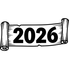 Woodcut Style Vector Scroll with 2026 for New Year Celebration, Engraved Banner Element