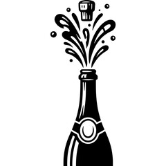 Woodcut Style Vector Art: Festive Champagne Bottle Popping with Cork and Splashes for New Year 2026 Celebration