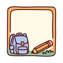 A square planner frame decorated with a blue backpack and a yellow pencil. An education-themed memo pad ideal for student homework lists, school notes, and study organization.