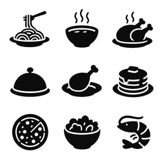 Food icons set: pasta, soup, roast chicken, pizza, salad, shrimp, pancakes