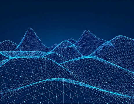 Abstract blue wireframe landscape with connected dots forms digital hills against a dark background