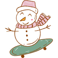 Charming illustration of joyful snowman wearing pink scarf, playing the skateboard. Perfect for winter holidays, Christmas cards, and festive designs. 