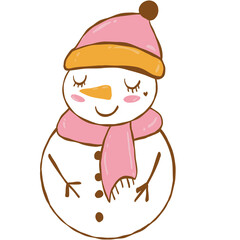 Charming illustration of joyful snowman, wearing pink scarf, Santa hat. Perfect for winter holidays, Christmas cards, and festive designs.