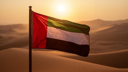 Waving flag on finial-topped pole catching low sun over rippled dunes showing red,green,white,black