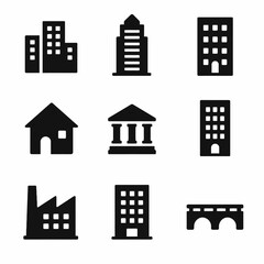 Set of vector icons: urban buildings, houses, and bridge silhouettes