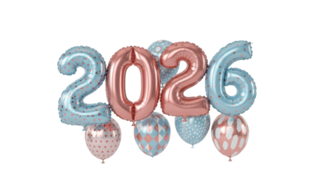 Isolated 3D illustration of the year 2026 in a glossy pink finish, adorned with elegant silver leaf details for a festive design