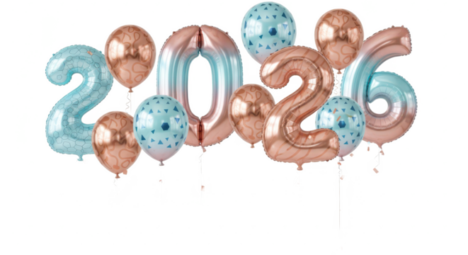 Isolated 3D illustration of the year 2026 in a glossy pink finish, adorned with elegant silver leaf details for a festive design