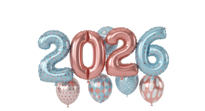 Isolated 3D illustration of the year 2026 in a glossy pink finish, adorned with elegant silver leaf details for a festive design