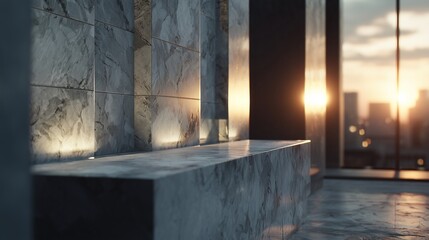 The image features elegant marble surfaces reflecting warm sunlight, creating a serene atmosphere. This modern setting showcases marble elegance and highlights the surrounding beau