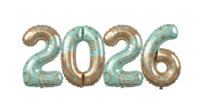 Isolated 3D illustration of the year 2026 in a glossy pink finish, adorned with elegant silver leaf details for a festive design