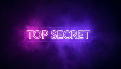 Glowing neon TOP SECRET sign casting magenta violet halos on translucent panel in studio with smoke