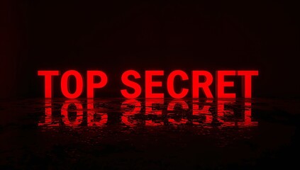 Glowing large red TOP SECRET sign casting glow across dark studio, making glossy puddle reflections