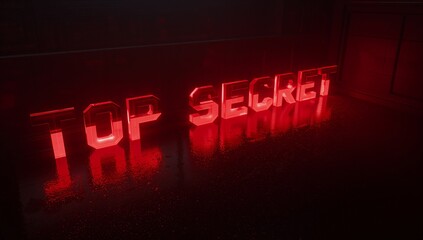 Glowing TOP SECRET letters casting red reflections on wet concrete floor in warehouse room
