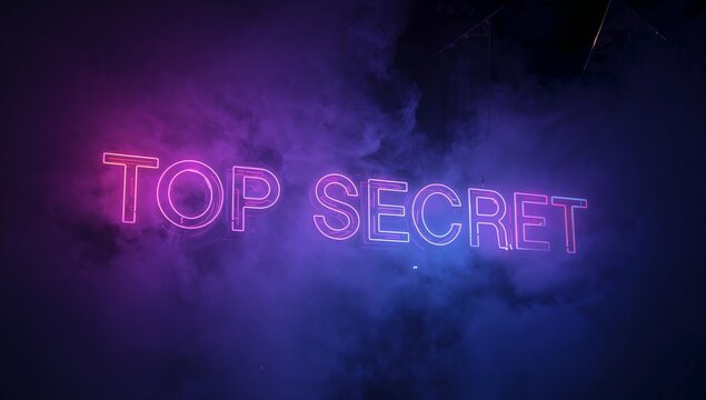 Glowing neon TOP SECRET sign suspended on stage, illuminating fog, revealing rigging and cables
