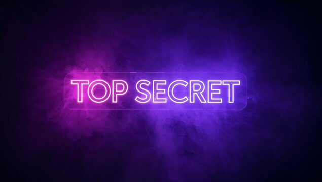 Glowing neon TOP SECRET sign casting magenta violet halos on translucent panel in studio with smoke
