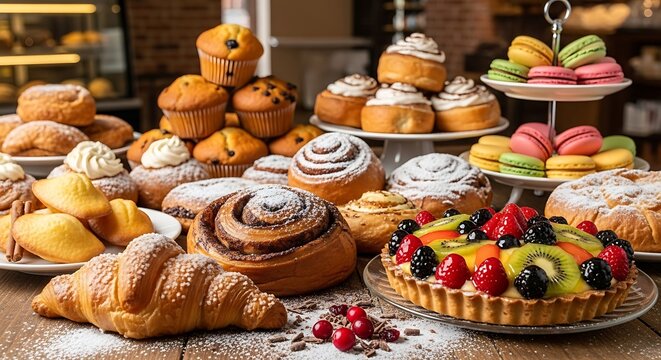 Assortment of Freshly Baked Pastries and Desserts on Display.