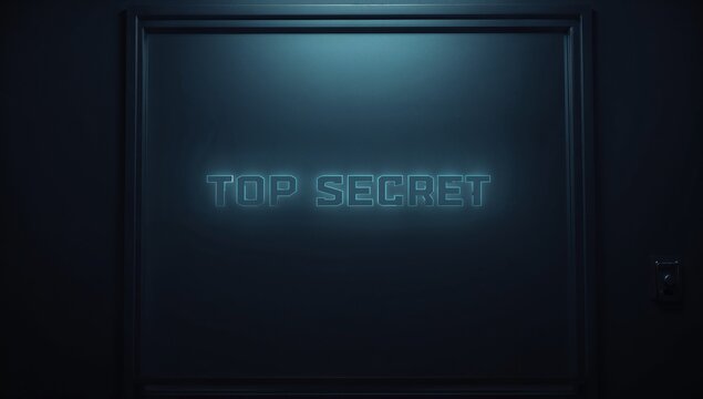 Glowing cyan TOP SECRET sign dominating framed panel in secured facility hallway, showing keypad