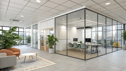 Bright and modern office space with glass walls, conference room, and comfortable seating area, creating a collaborative and inviting work environment