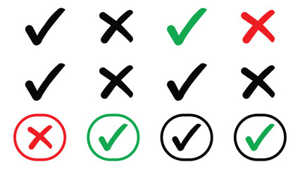 Black Green and Red Check Mark and Cross Icon Sign and Symbol, Check List Button Vector Art Element, Yes Doodle and No Sign, 