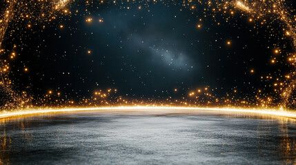 Gold sparkle stage night sky glow with shimmering particles and reflective floor