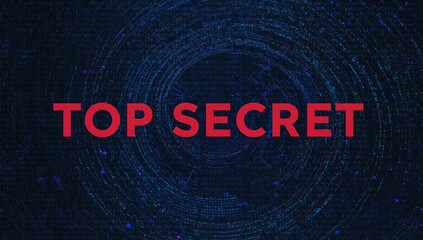 Displaying red TOP SECRET text centered on navy canvas with radial code rings and blue-purple dots