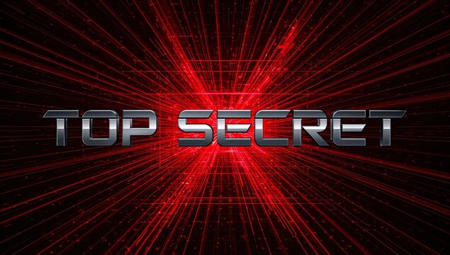 Shining chrome three-dimensional TOP SECRET text radiating over red radial grid lines, with flare