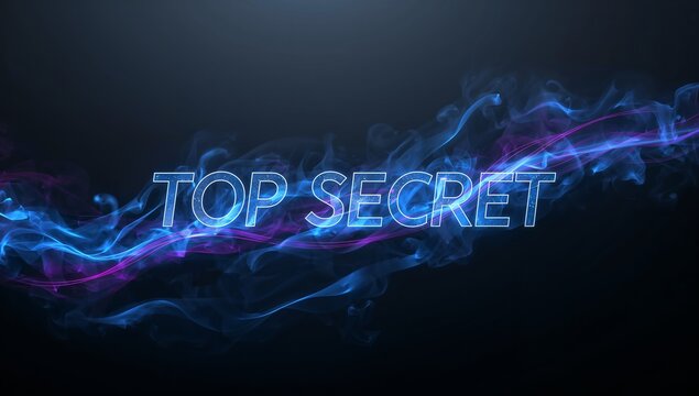 Glowing neon TOP SECRET text radiating across dark digital backdrop, with blue purple smoke ribbons