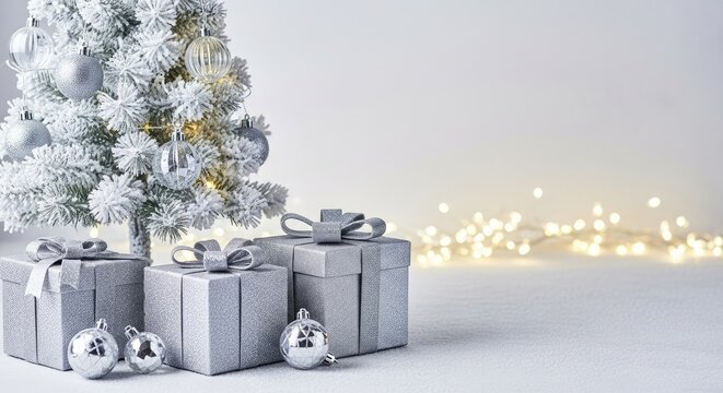 Elegant Christmas Gifts and Ornaments Under a Silver Tree.