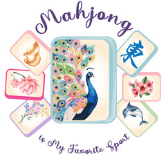 Watercolor Mahjong Tile with Elegant Peacock Illustration in Soft Pastel Colors, Cute Asian Style Decorative Art for Stickers, Greeting Cards, Posters, Digital Downloads and Creative Graphic Design Re