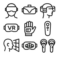 Virtual reality icon set with vr equipment and headsets